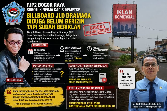 FJP2 Bogor Raya Soroti Kinerja Kadis DPMPTSP, Billboard JLD Dramaga Diduga Belum Berizin